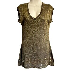 dots brand Gold Metallic Knit V-Neck Sleeveless Tunic Top With Studded Hemline S
